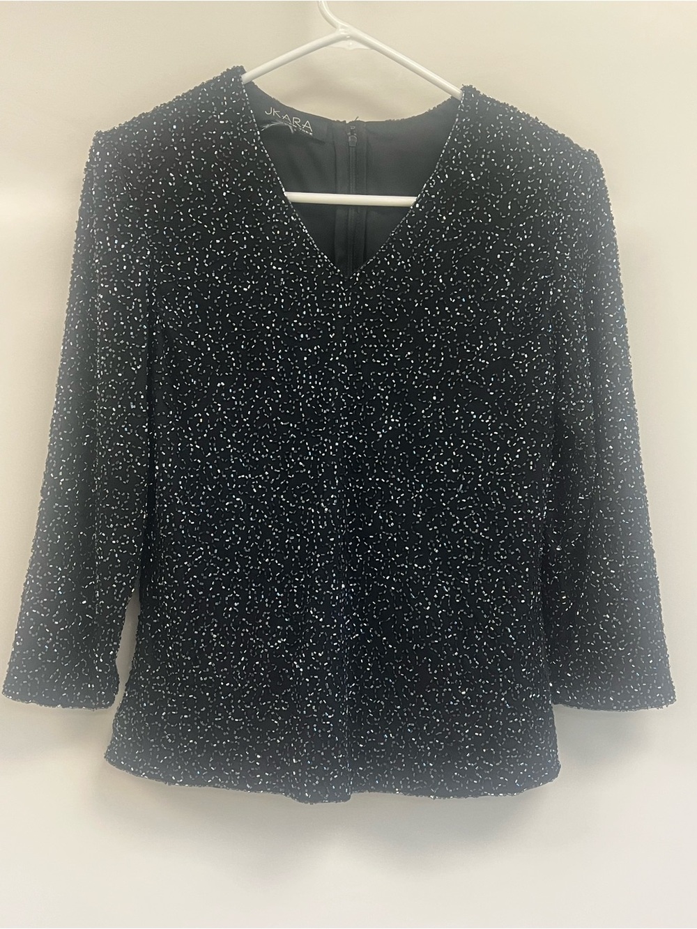 VintageJ Kara Black Beaded Sparkle V-Neck Blouse Evening Wear Glam Size Small